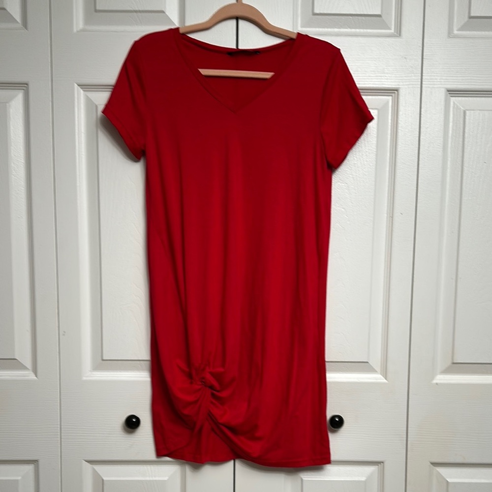 V-Neck Red Dress with Knot Detail